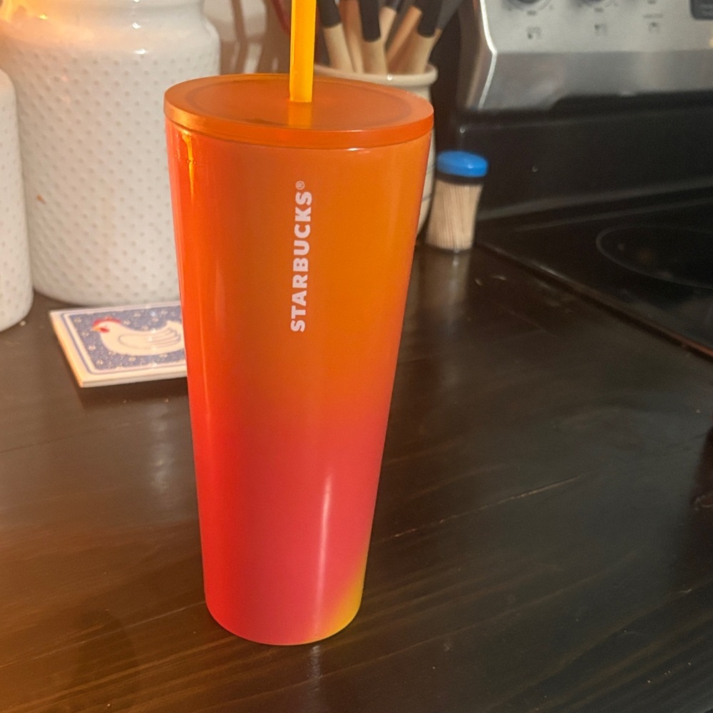 Starbucks Red and Orange Tumbler with Straw